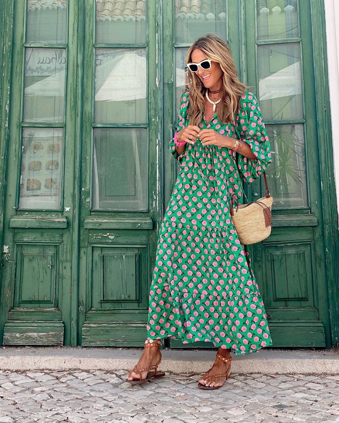 Patterned V-Neck Flowing Maxi Dress