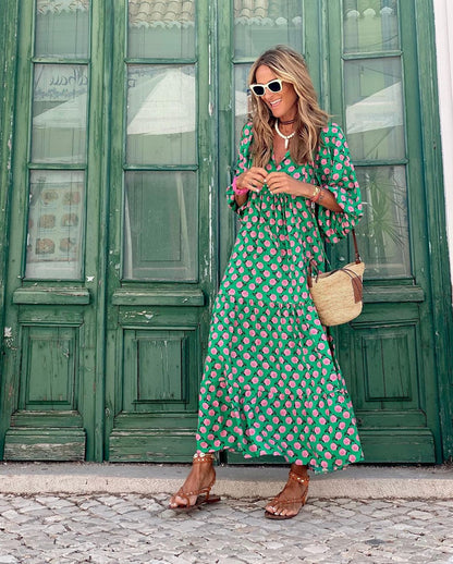 Patterned V-Neck Flowing Maxi Dress