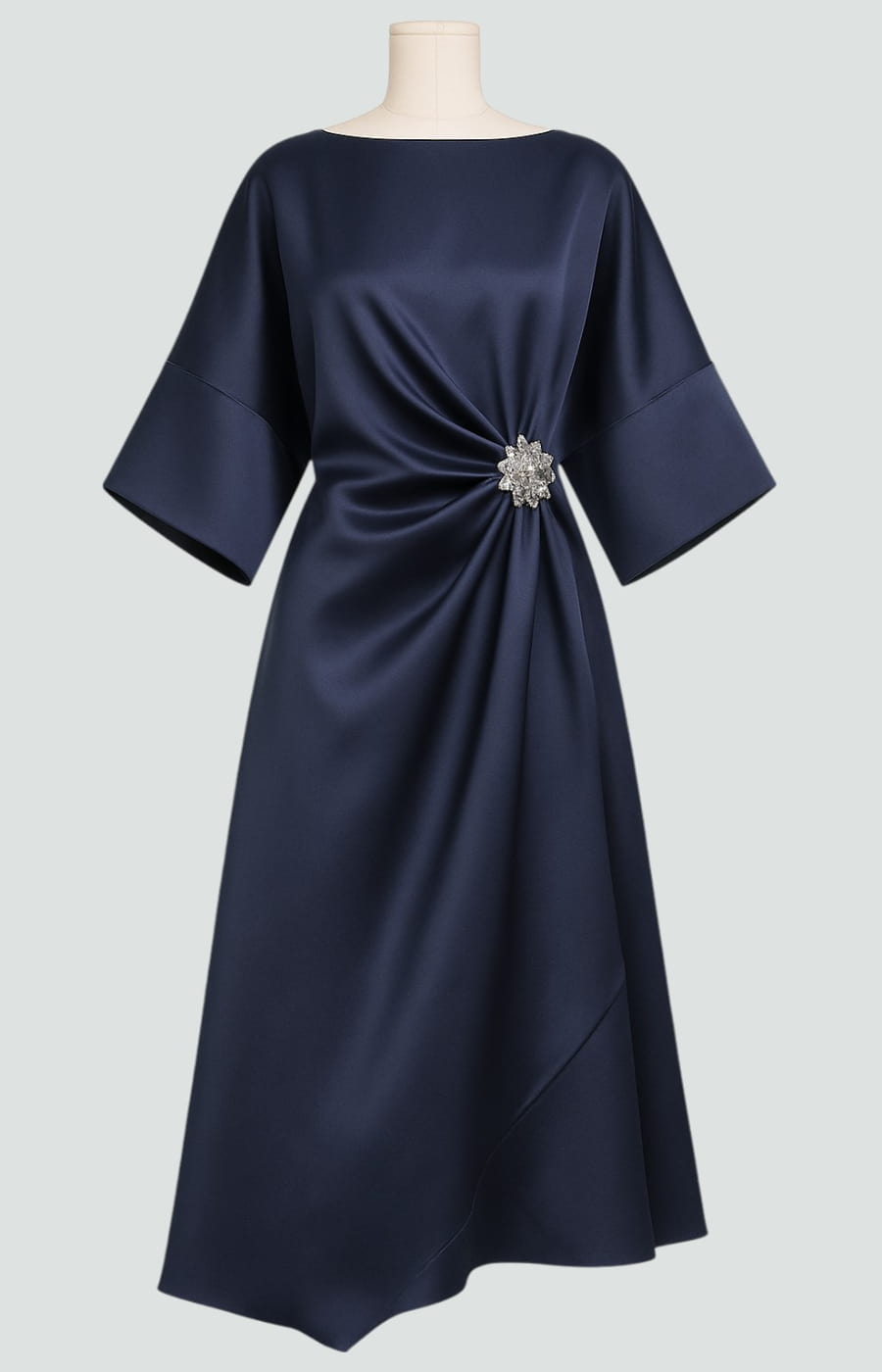 Draped Evening Maxi Dress with Brooch Accent