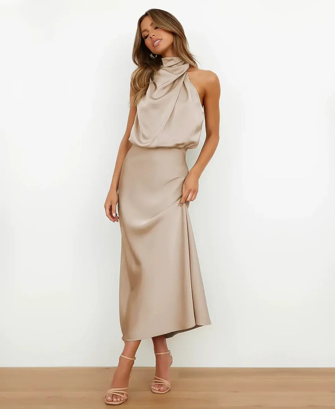 Sleek Satin Halterneck Midi Dress