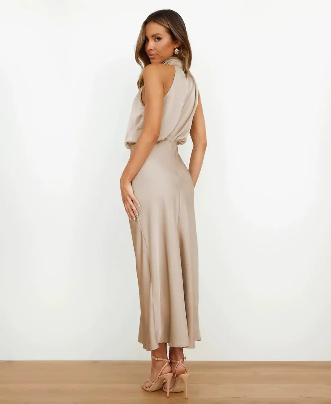 Sleek Satin Halterneck Midi Dress