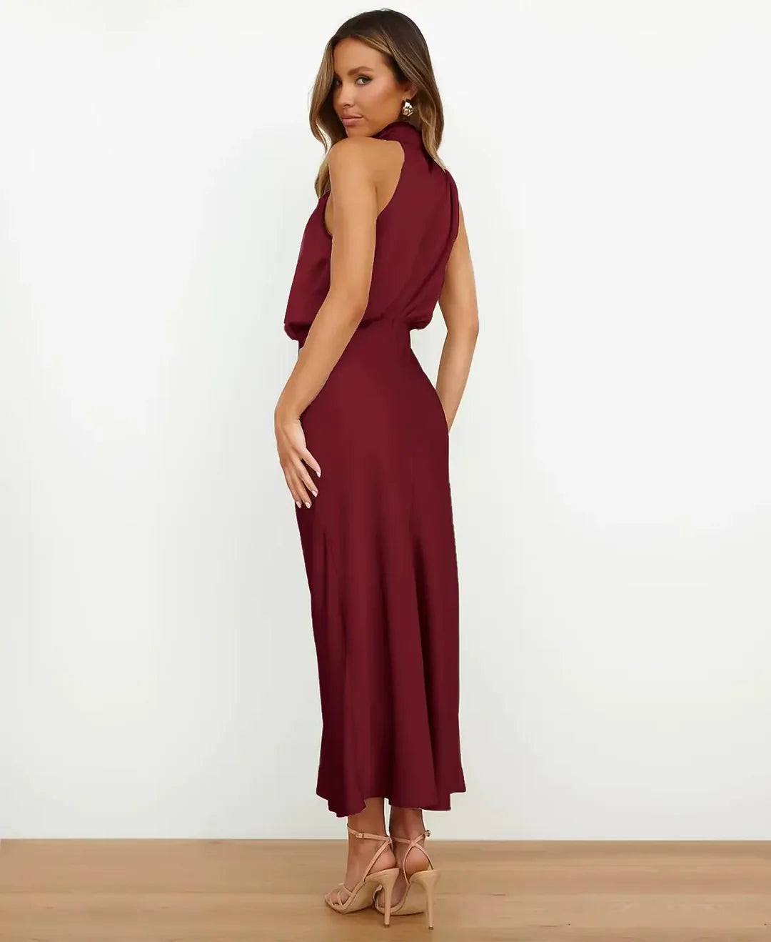 Sleek Satin Halterneck Midi Dress