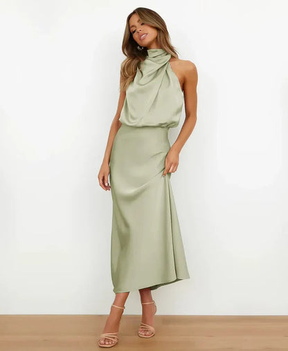 Sleek Satin Halterneck Midi Dress
