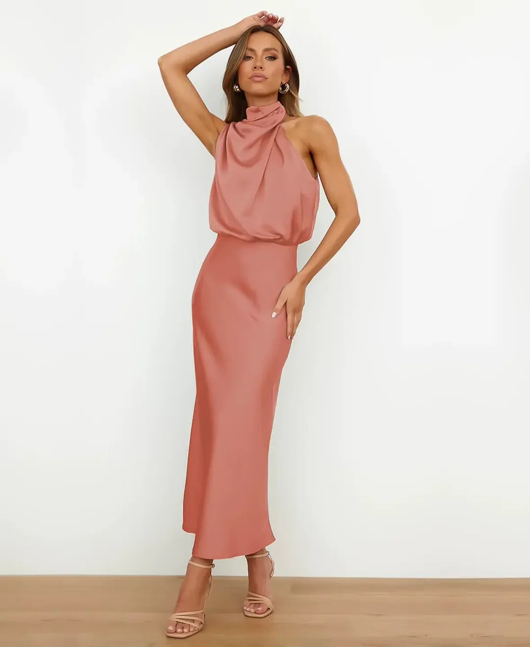 Sleek Satin Halterneck Midi Dress
