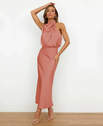 Sleek Satin Halterneck Midi Dress