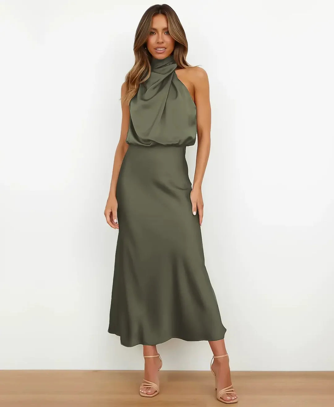 Sleek Satin Halterneck Midi Dress