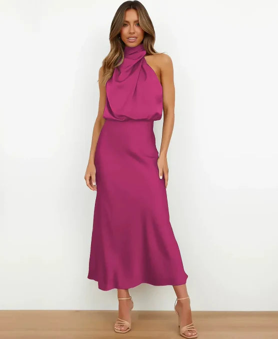 Sleek Satin Halterneck Midi Dress