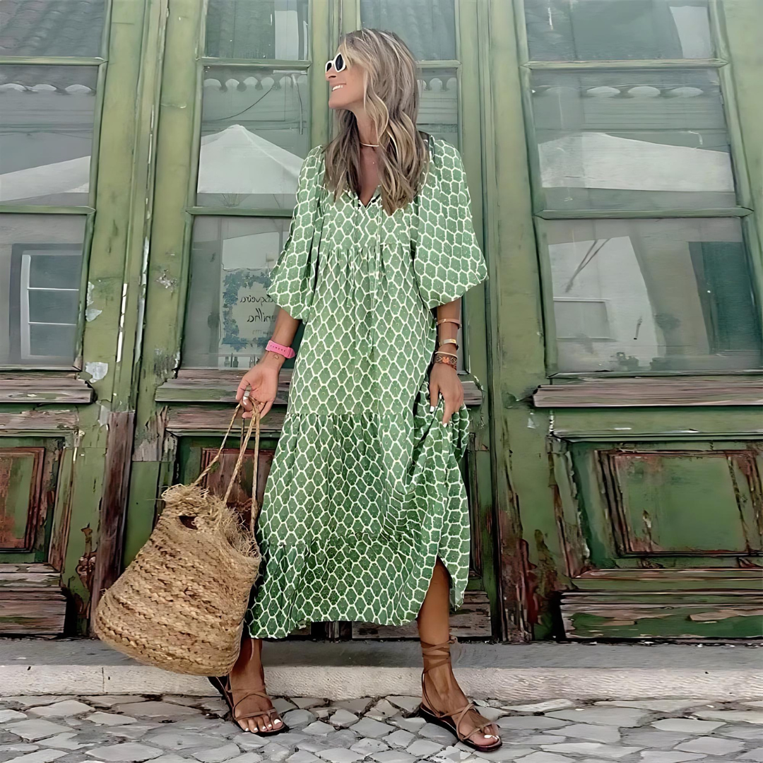 Patterned V-Neck Flowing Maxi Dress