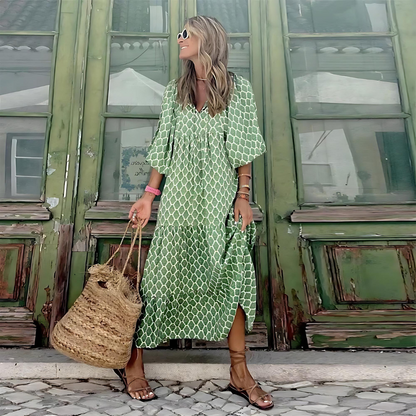 Patterned V-Neck Flowing Maxi Dress