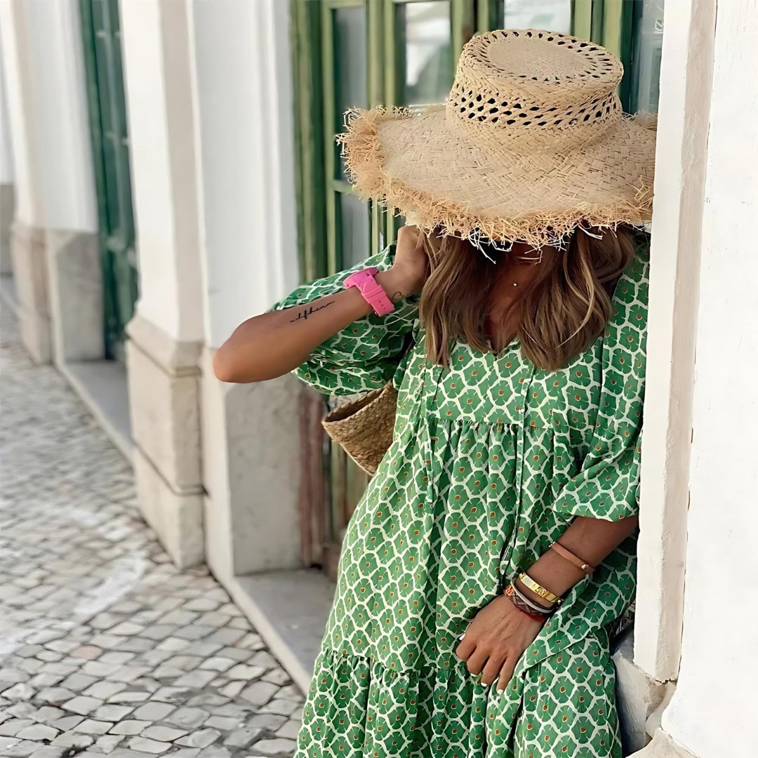 Patterned V-Neck Flowing Maxi Dress
