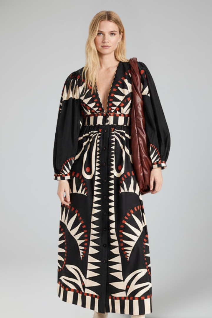 Women's Long-Sleeve Patterned V-Neck Maxi Dress