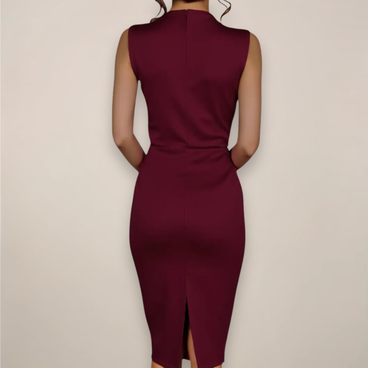 Tailored High-Neck Sheath Midi Dress