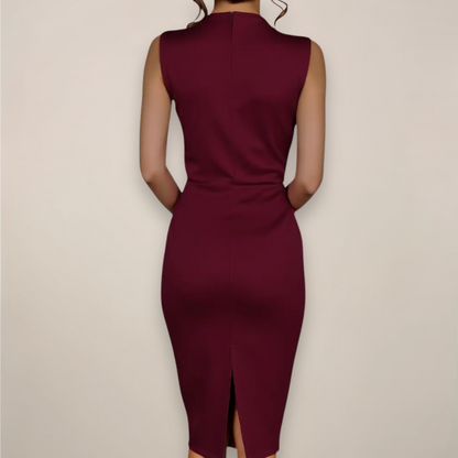 Tailored High-Neck Sheath Midi Dress