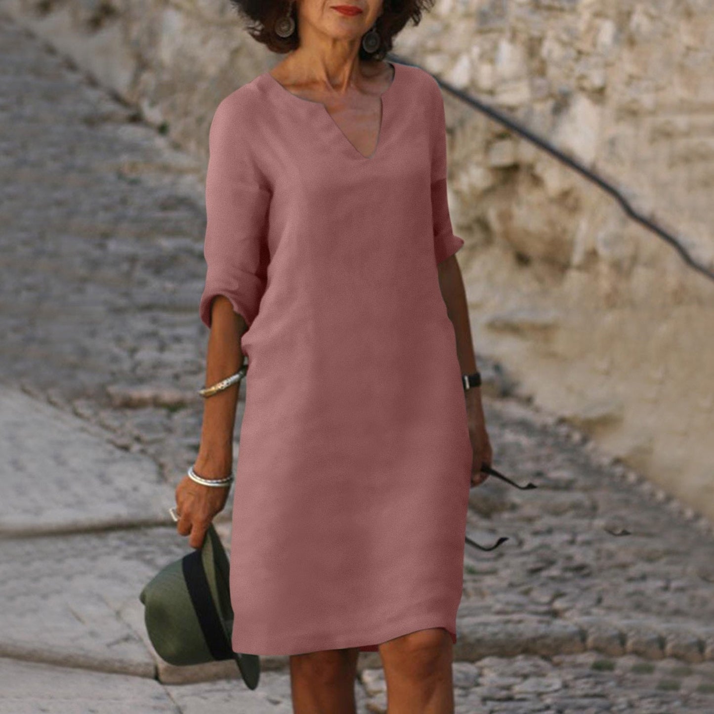 Classic V-Neck Knee-Length Dress