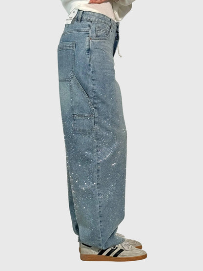 Rhinestone Embellished Wide Leg Jeans