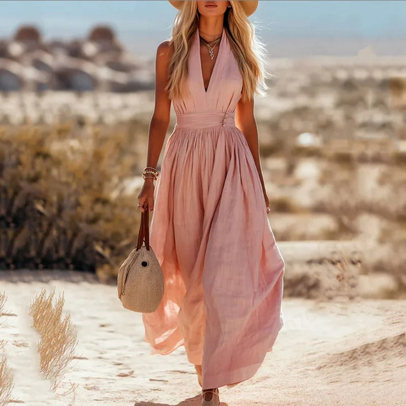 Sleeveless Cotton-Linen Halter Neck Maxi Dress