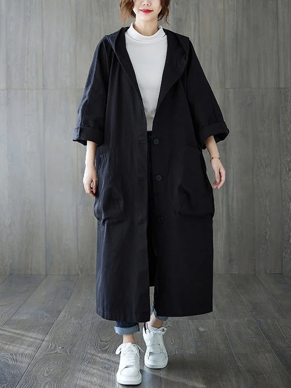 Loose-Fit Cloak-Style Hooded Coat with Pockets