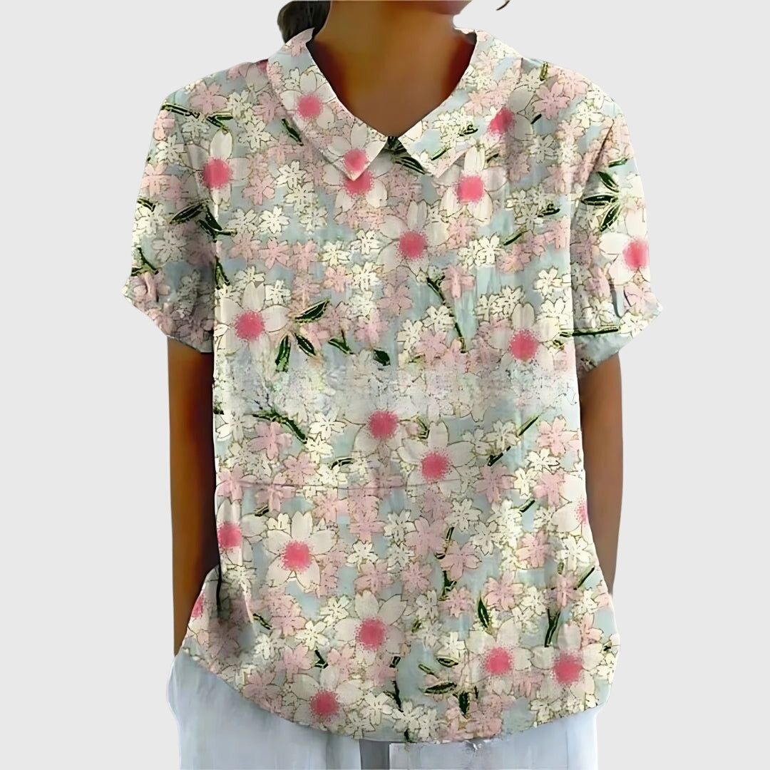 Collared Short Sleeve Floral Blouse