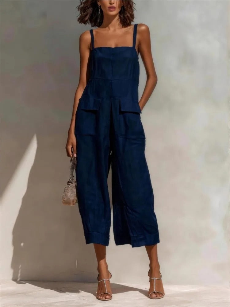 Linen-Blend Belted Midi Dress with Utility Pockets