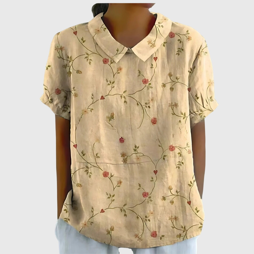 Collared Short Sleeve Floral Blouse