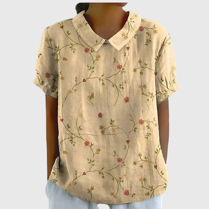 Collared Short Sleeve Floral Blouse