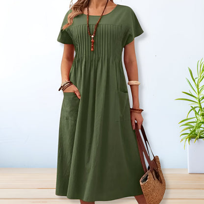 Short Sleeve Pleated Waist Midi Dress
