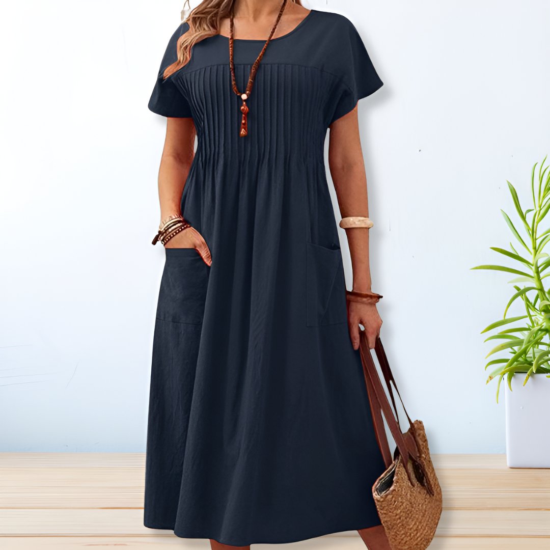 Short Sleeve Pleated Waist Midi Dress