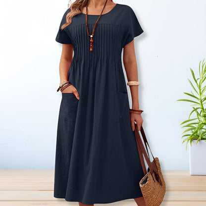 Short Sleeve Pleated Waist Midi Dress