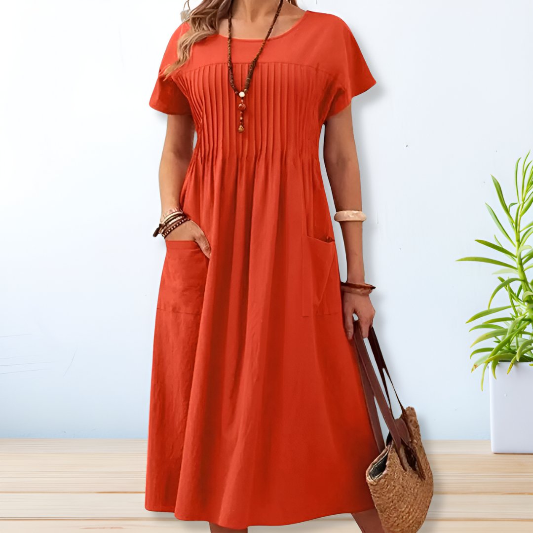 Short Sleeve Pleated Waist Midi Dress