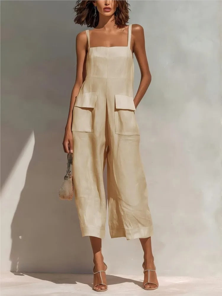 Linen-Blend Belted Midi Dress with Utility Pockets