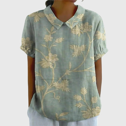 Collared Short Sleeve Floral Blouse