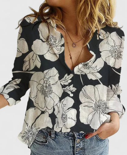 Relaxed V-Neck Linen-Blend Button Top
