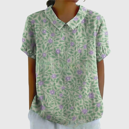 Collared Short Sleeve Floral Blouse