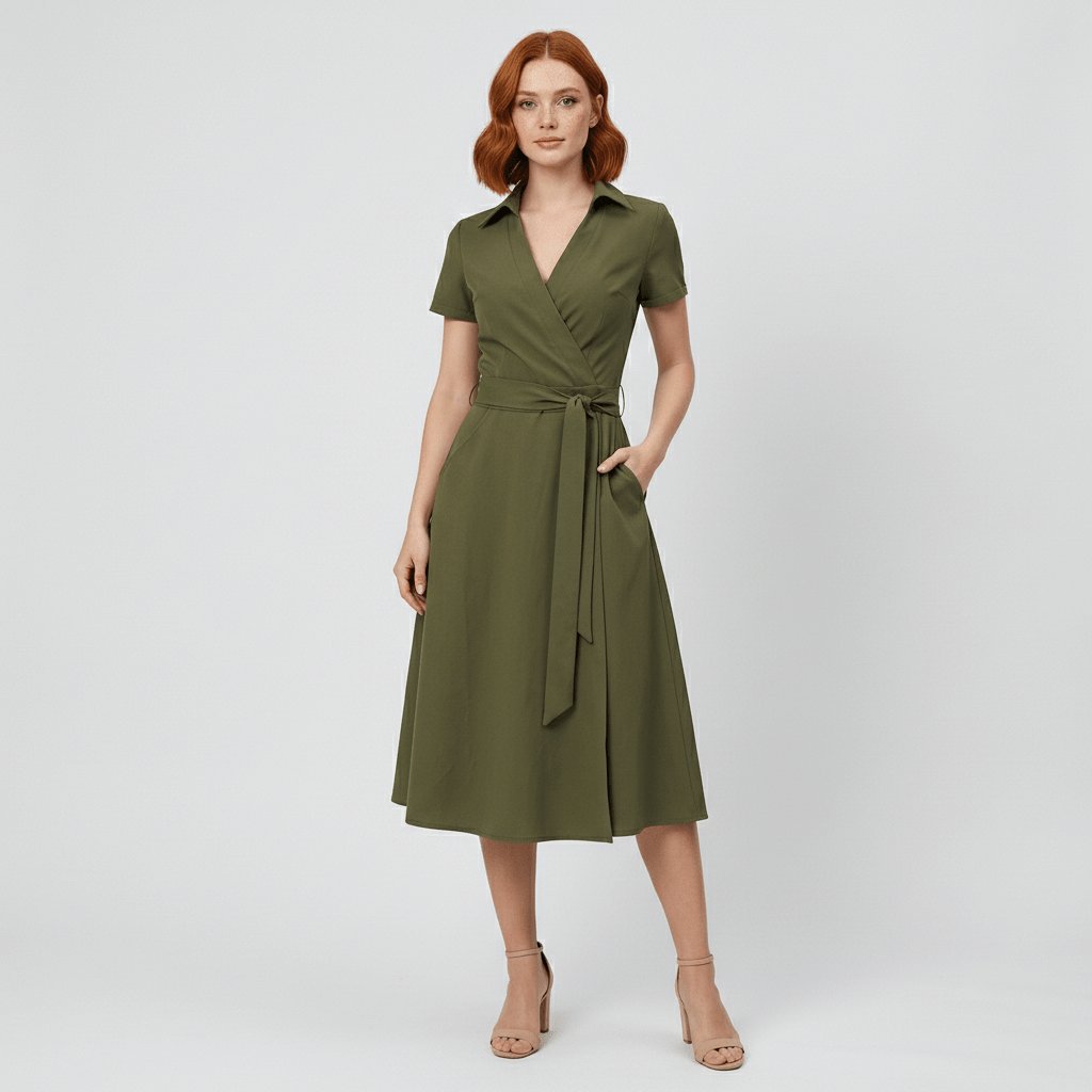 Tie-Belt Wrap Midi Dress with Pockets