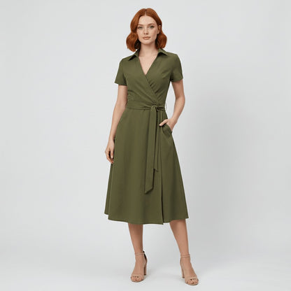 Tie-Belt Wrap Midi Dress with Pockets