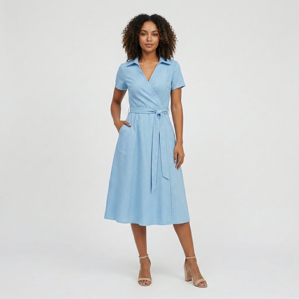 Tie-Belt Wrap Midi Dress with Pockets