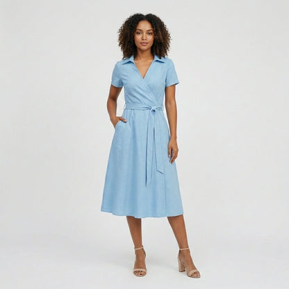 Tie-Belt Wrap Midi Dress with Pockets