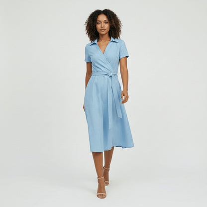 Tie-Belt Wrap Midi Dress with Pockets