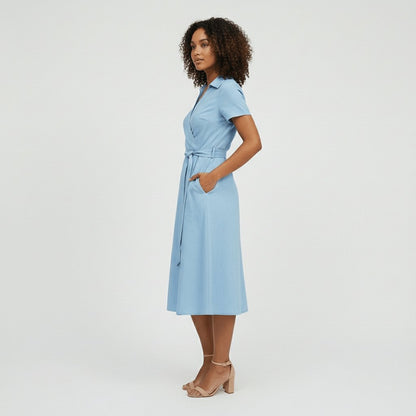 Tie-Belt Wrap Midi Dress with Pockets