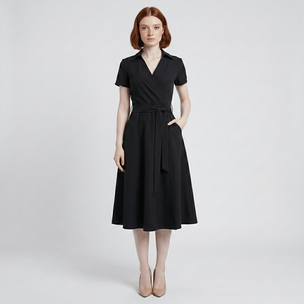 Tie-Belt Wrap Midi Dress with Pockets