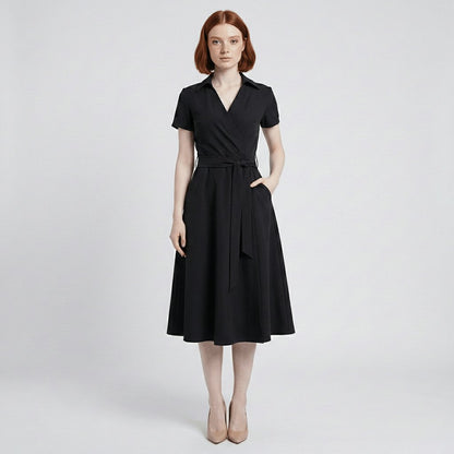 Tie-Belt Wrap Midi Dress with Pockets