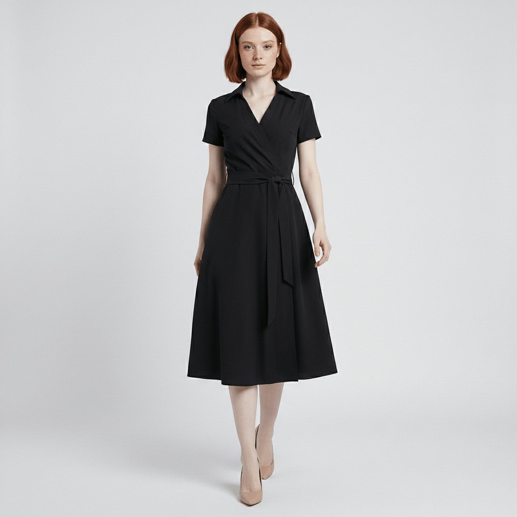 Tie-Belt Wrap Midi Dress with Pockets