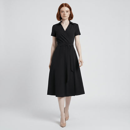 Tie-Belt Wrap Midi Dress with Pockets