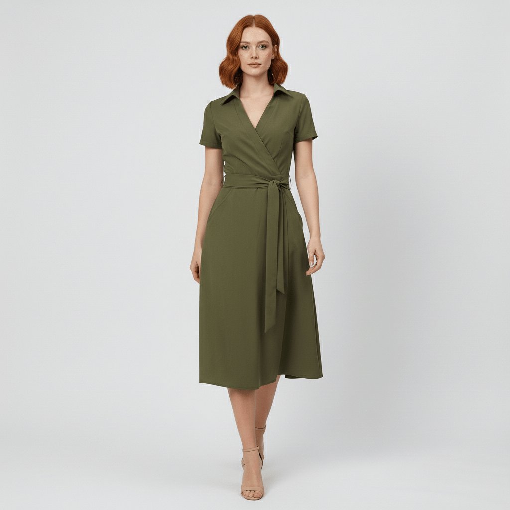 Tie-Belt Wrap Midi Dress with Pockets
