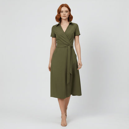 Tie-Belt Wrap Midi Dress with Pockets