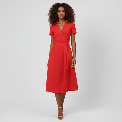 Tie-Belt Wrap Midi Dress with Pockets