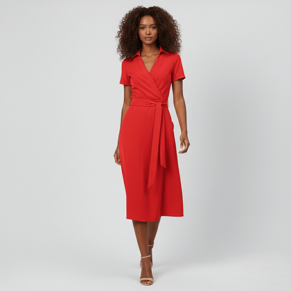 Tie-Belt Wrap Midi Dress with Pockets