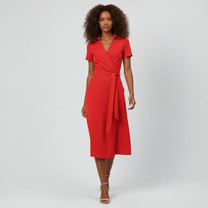 Tie-Belt Wrap Midi Dress with Pockets