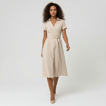 Tie-Belt Wrap Midi Dress with Pockets