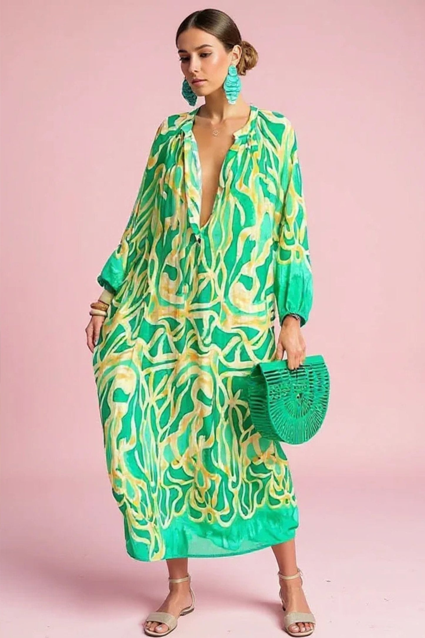 Abstract Pattern V-Neck Kaftan Maxi Dress